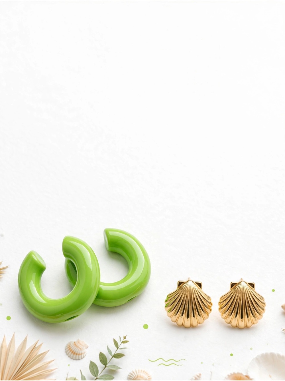 Fashion Jewelry Lime Green Hoop Earrings with Gold Shell Studs